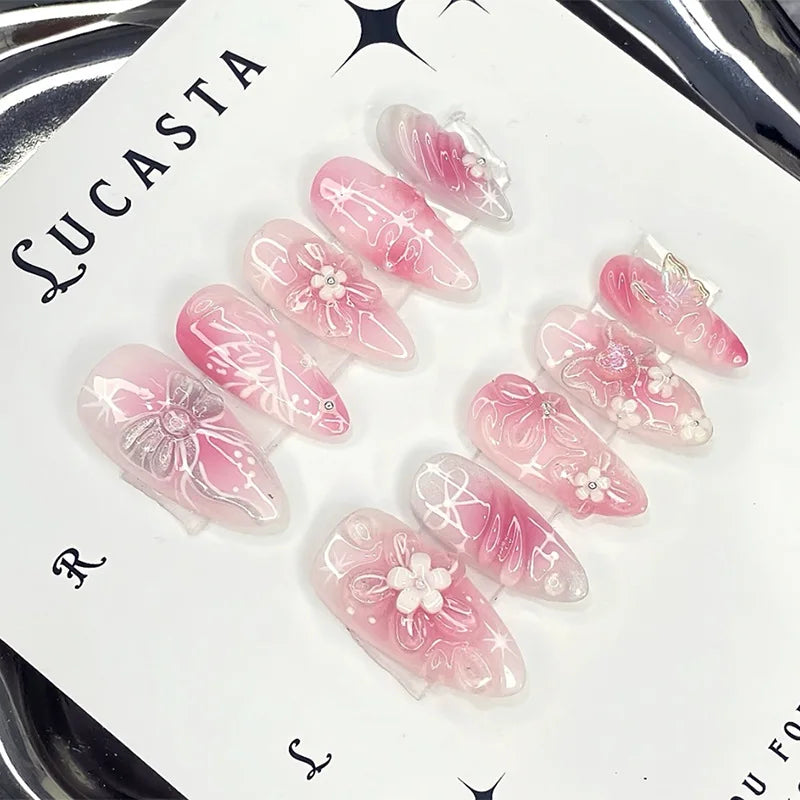 24Pcs 3D Strawberry Rabbit Flower Fake Nails Press on Mid-length Almond Wearable False Nails Green Gradient Pearl Manicure Tips 26