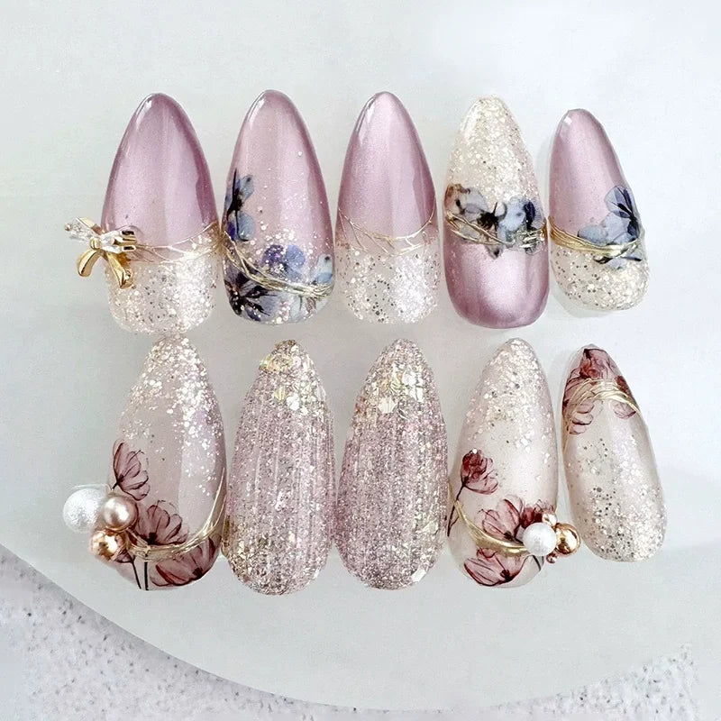 24Pcs Metallic Cat Eye French Sheer Manicure Tip Art Textured 3D Acrylic False Nails Nude Pink Almond Medium Press on Fake Nails 32