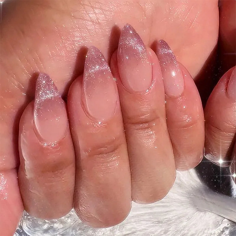24Pcs Metallic Cat Eye French Sheer Manicure Tip Art Textured 3D Acrylic False Nails Nude Pink Almond Medium Press on Fake Nails 5