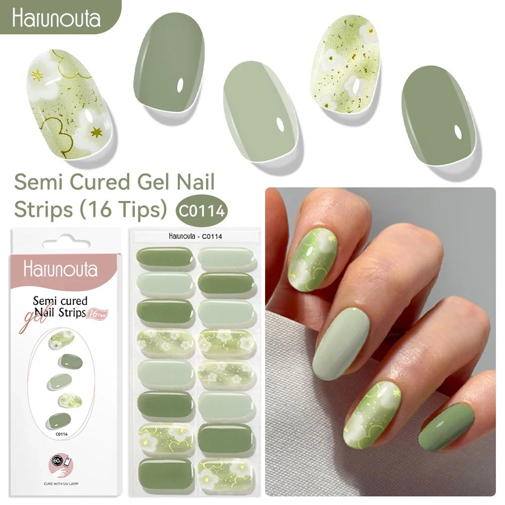 Harunouta 16strips Gradient Red Marble Gold Line Semi Cured Gel Nail Strips DIY Gel Polish Stickers for Nails Work with UV/LED 16