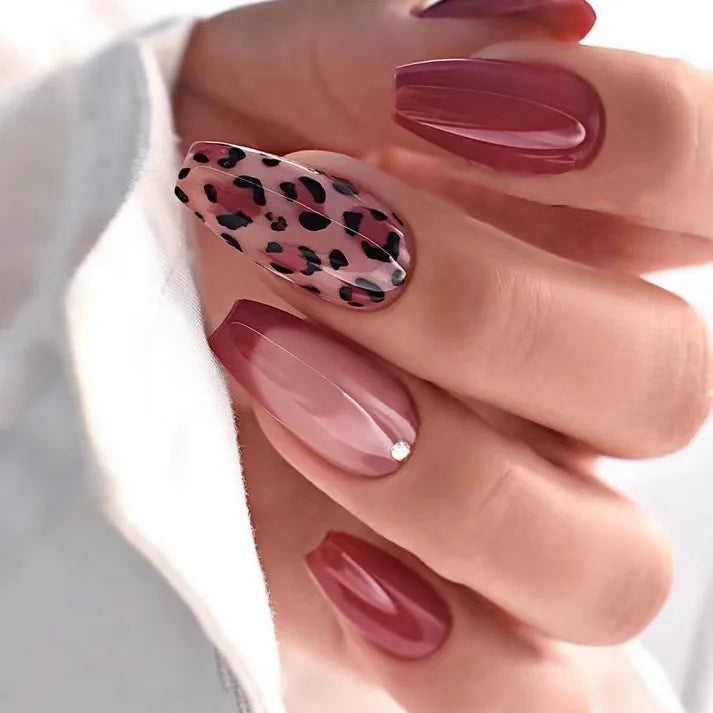 Black Leopard Print Light Yellow French Red Flowers Fake Nails Fashion Detachable Finished False Nails Press on Nails with Glue 15