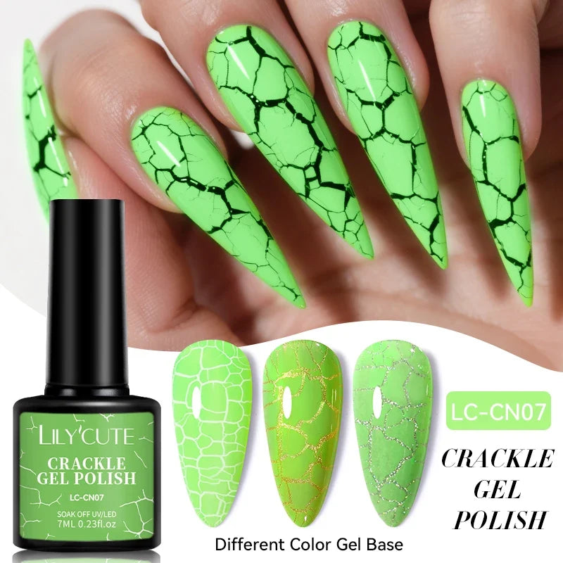 LILYCUTE 7ml Neon Crackle Gel Nail Polish Summer Fluorescent Quick Drying Semi Permanent UV Gel Nail Art Varnish DIY Manicure 8