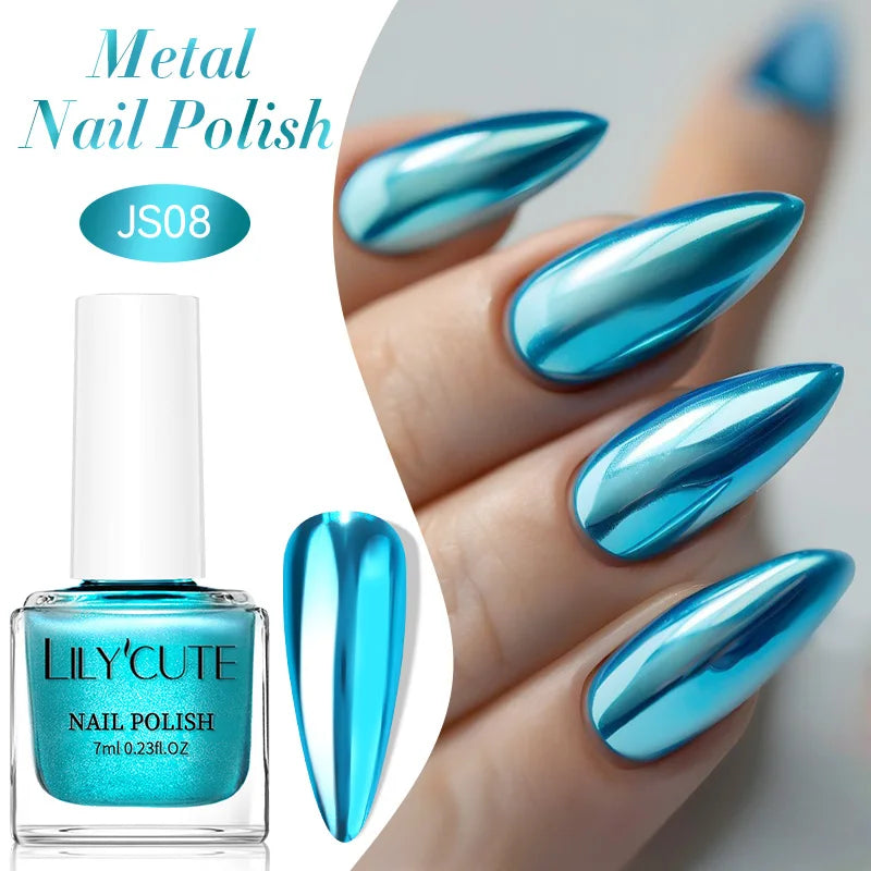 LILYCUTE 7ML Super Bright Silver Metallic Nail Polish No Need Lamp Quick Dry French Style Glass Bottle Manicure Nail Art Varnish 12