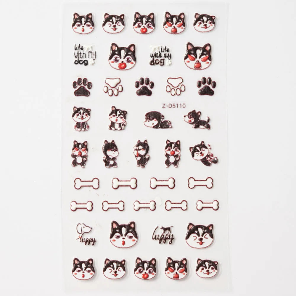 Lovely Cat Nail Decals 3D Animal Cartoon Dog Scrawl Relief Self Adhesive Nail Art Stickers Cute Puppy Kitty Y2K Nails Decoration 8