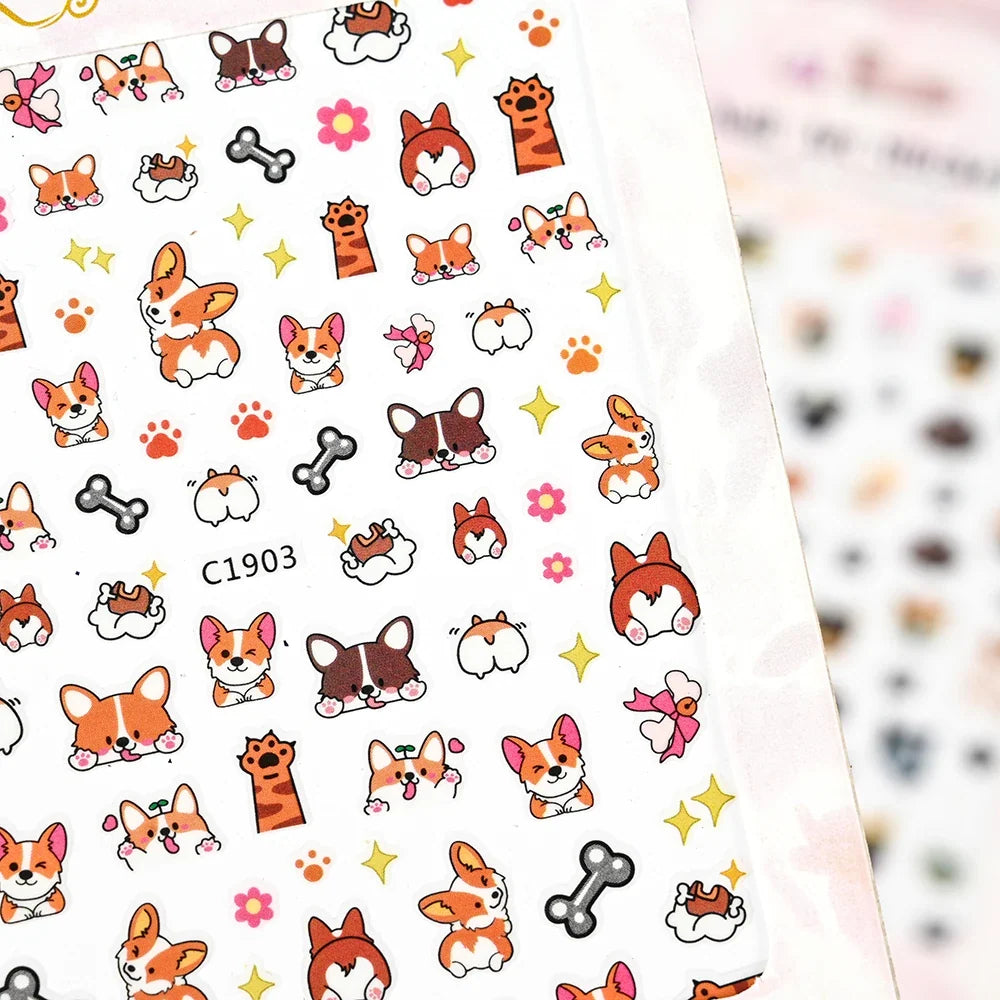 Lovely Cat Nail Decals 3D Animal Cartoon Dog Scrawl Relief Self Adhesive Nail Art Stickers Cute Puppy Kitty Y2K Nails Decoration 4