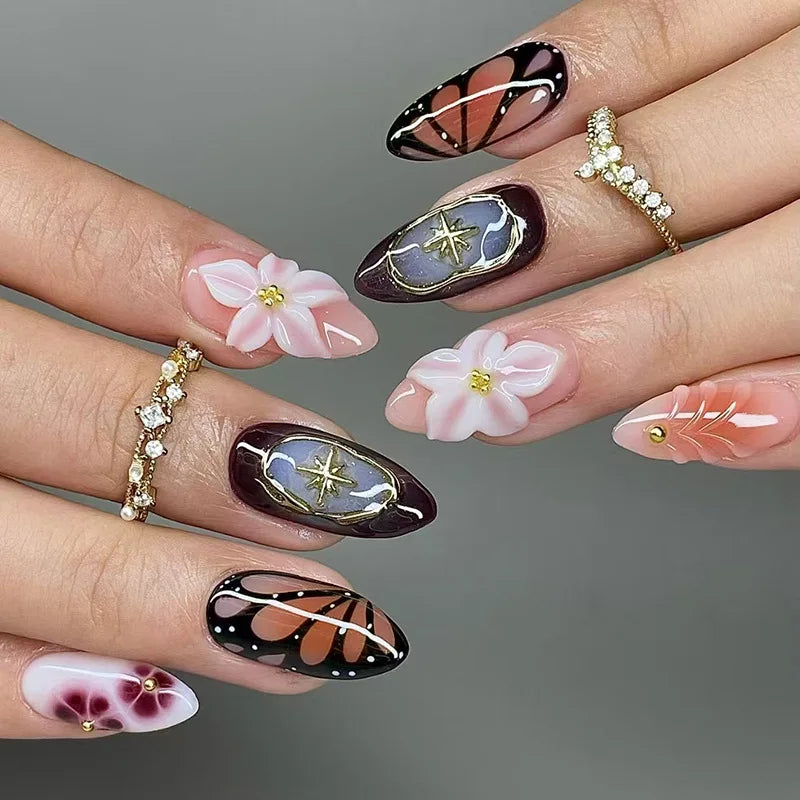 24Pcs 3D Strawberry Rabbit Flower Fake Nails Press on Mid-length Almond Wearable False Nails Green Gradient Pearl Manicure Tips 25