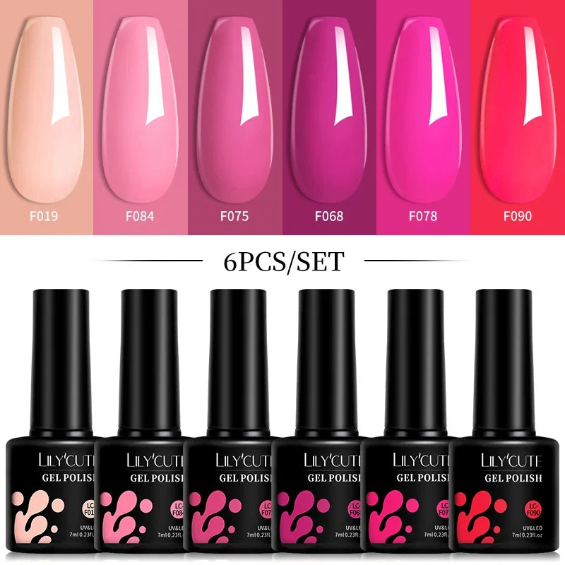 LILYCUTE 6Pcs/Set 7ML Gel DIY Nail Polish Bright Pink Semi Permanent Soak Off UV LED Gel Varnish Nail Art Design Manicure Kit 14