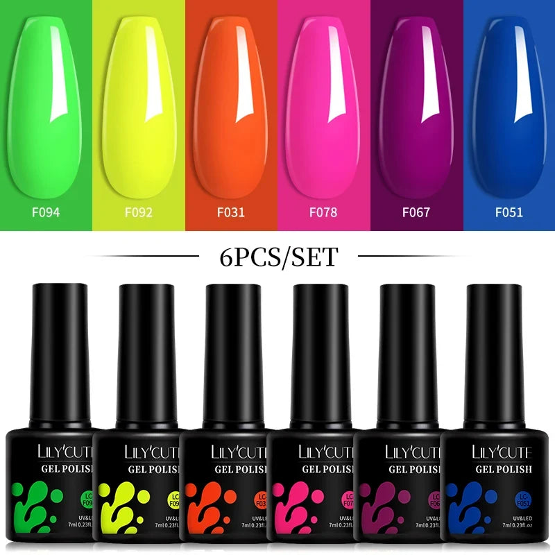 LILYCUTE 6Pcs/Set 7ML Gel DIY Nail Polish Bright Pink Semi Permanent Soak Off UV LED Gel Varnish Nail Art Design Manicure Kit 17