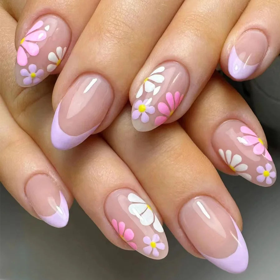 24pcs Red Flower Design Stick on Nail Art French Oval Fake Nail Finished Short Almond False Nails Datachable Press on Nails Tips 2