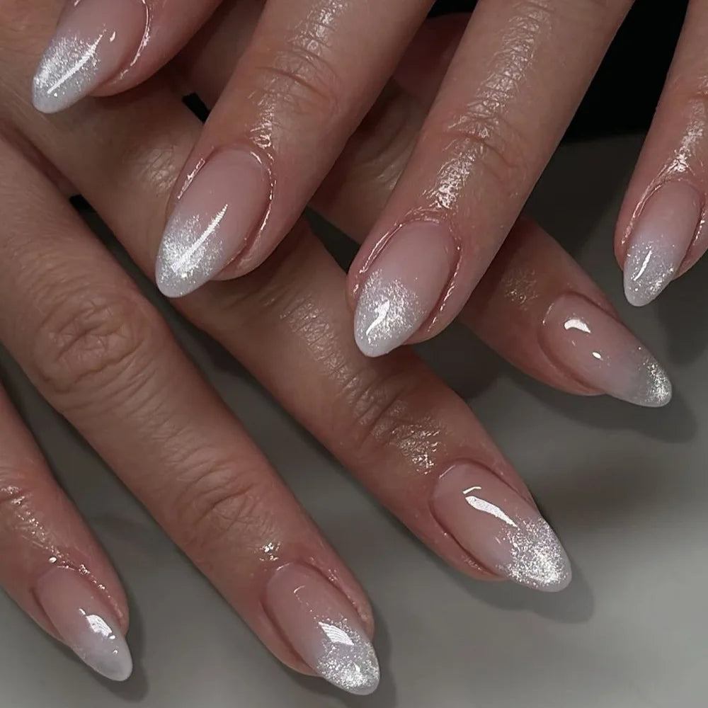 24Pcs Metallic Cat Eye French Sheer Manicure Tip Art Textured 3D Acrylic False Nails Nude Pink Almond Medium Press on Fake Nails 18