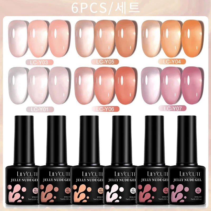 LILYCUTE 6PCS/SET 7ml Jelly Pink Nude Translucent Gel Nail Polish Set Semi Permanent Soak Off Nail Art Manicure Gel Set 9
