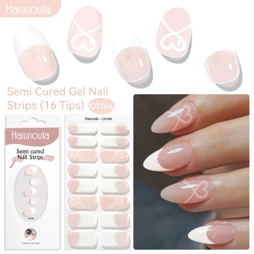 Harunouta 16strips Gradient Red Marble Gold Line Semi Cured Gel Nail Strips DIY Gel Polish Stickers for Nails Work with UV/LED 20