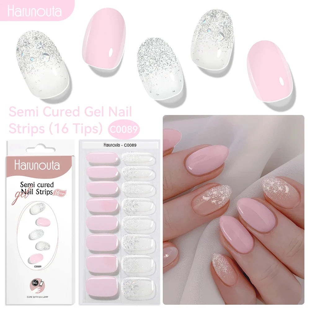 Harunouta 16strips Gradient Red Marble Gold Line Semi Cured Gel Nail Strips DIY Gel Polish Stickers for Nails Work with UV/LED 24