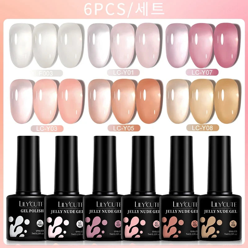 LILYCUTE 6PCS/SET 7ml Jelly Pink Nude Translucent Gel Nail Polish Set Semi Permanent Soak Off Nail Art Manicure Gel Set 7