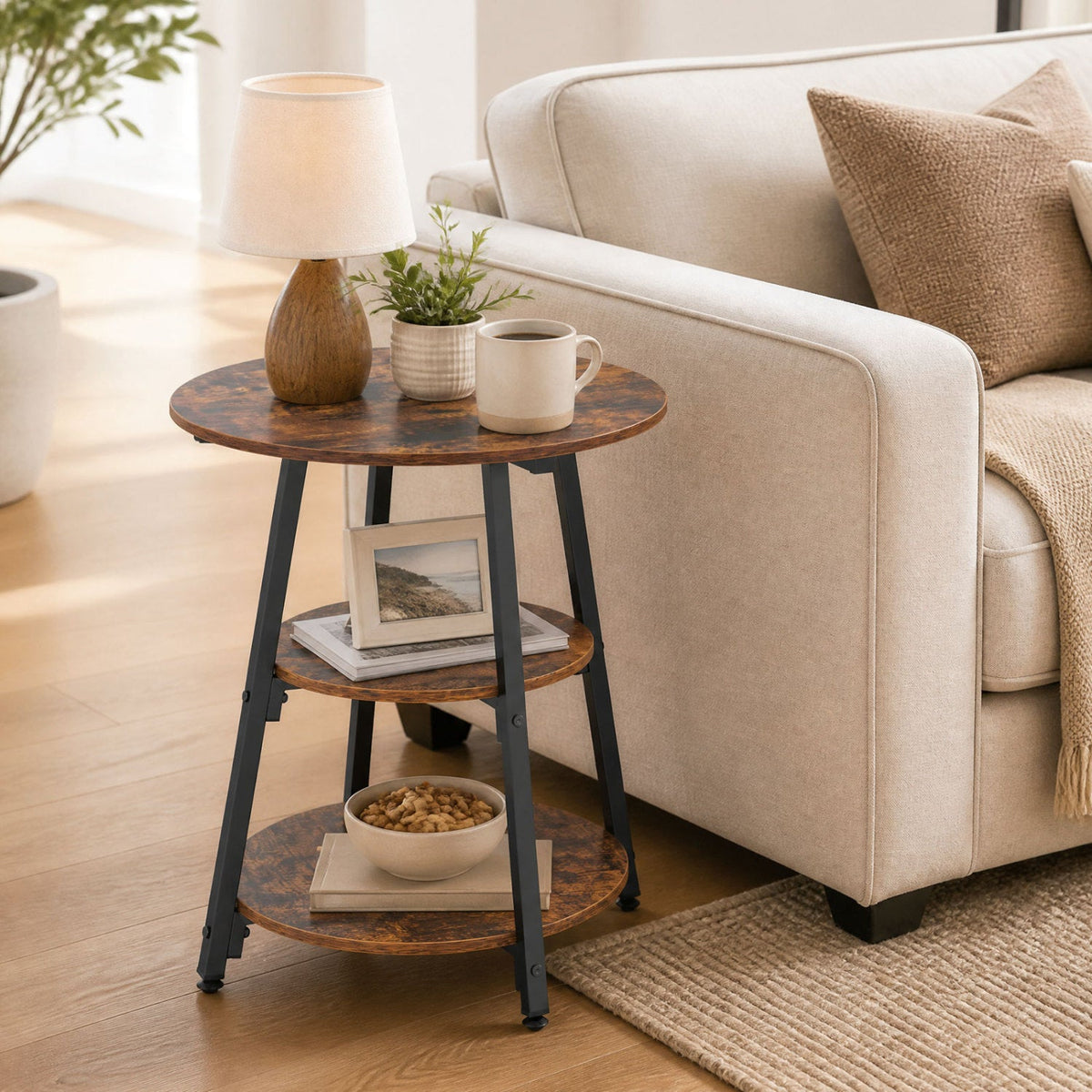 Industrial Side Table with 3-Tier Shelves and Metal Frame 1