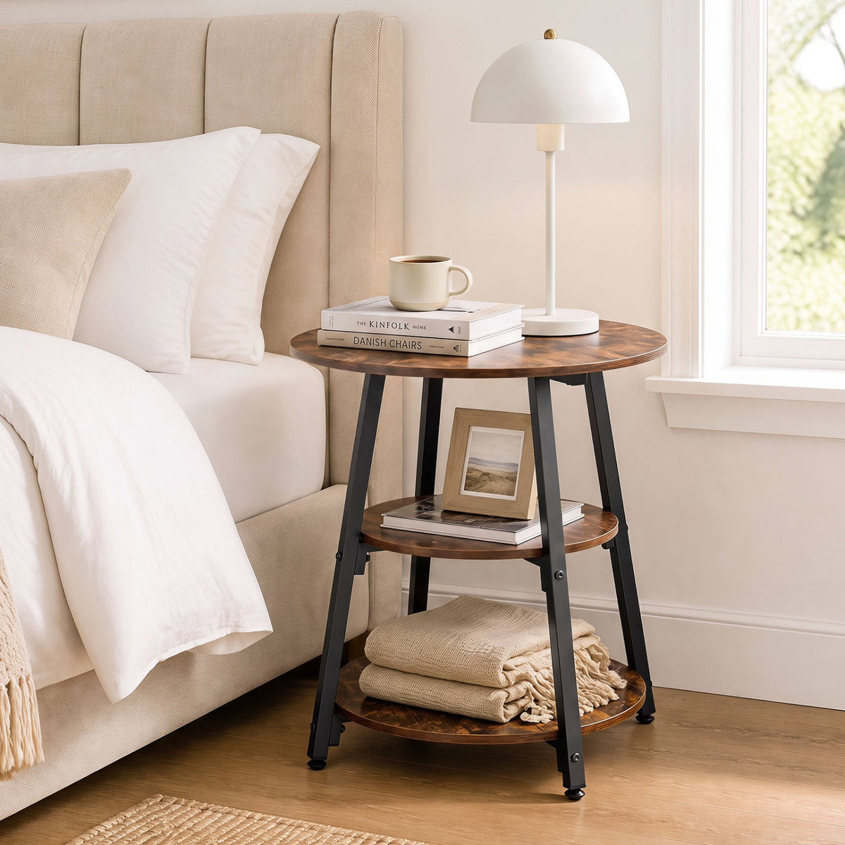 Industrial Side Table with 3-Tier Shelves and Metal Frame 2