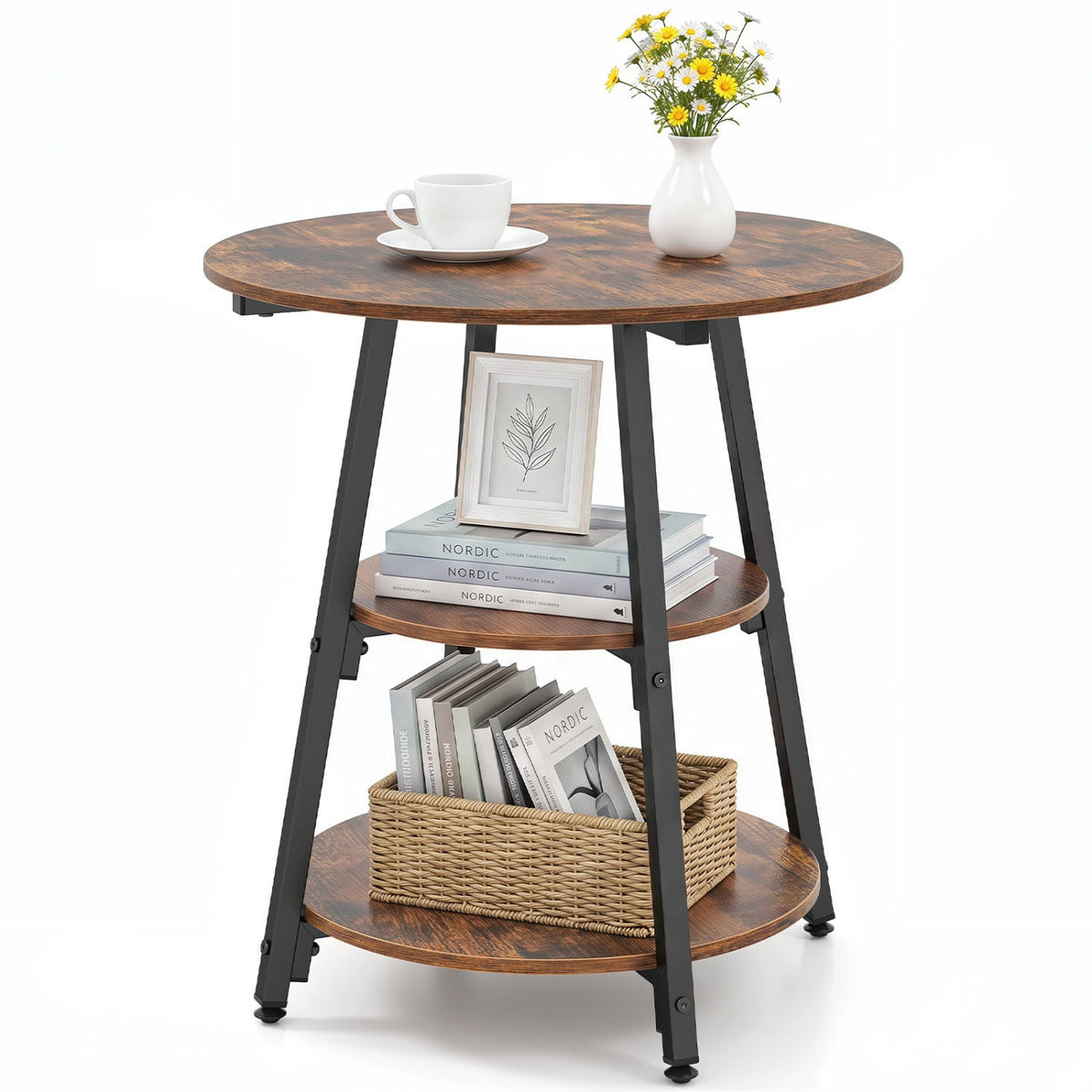 Industrial Side Table with 3-Tier Shelves and Metal Frame 3