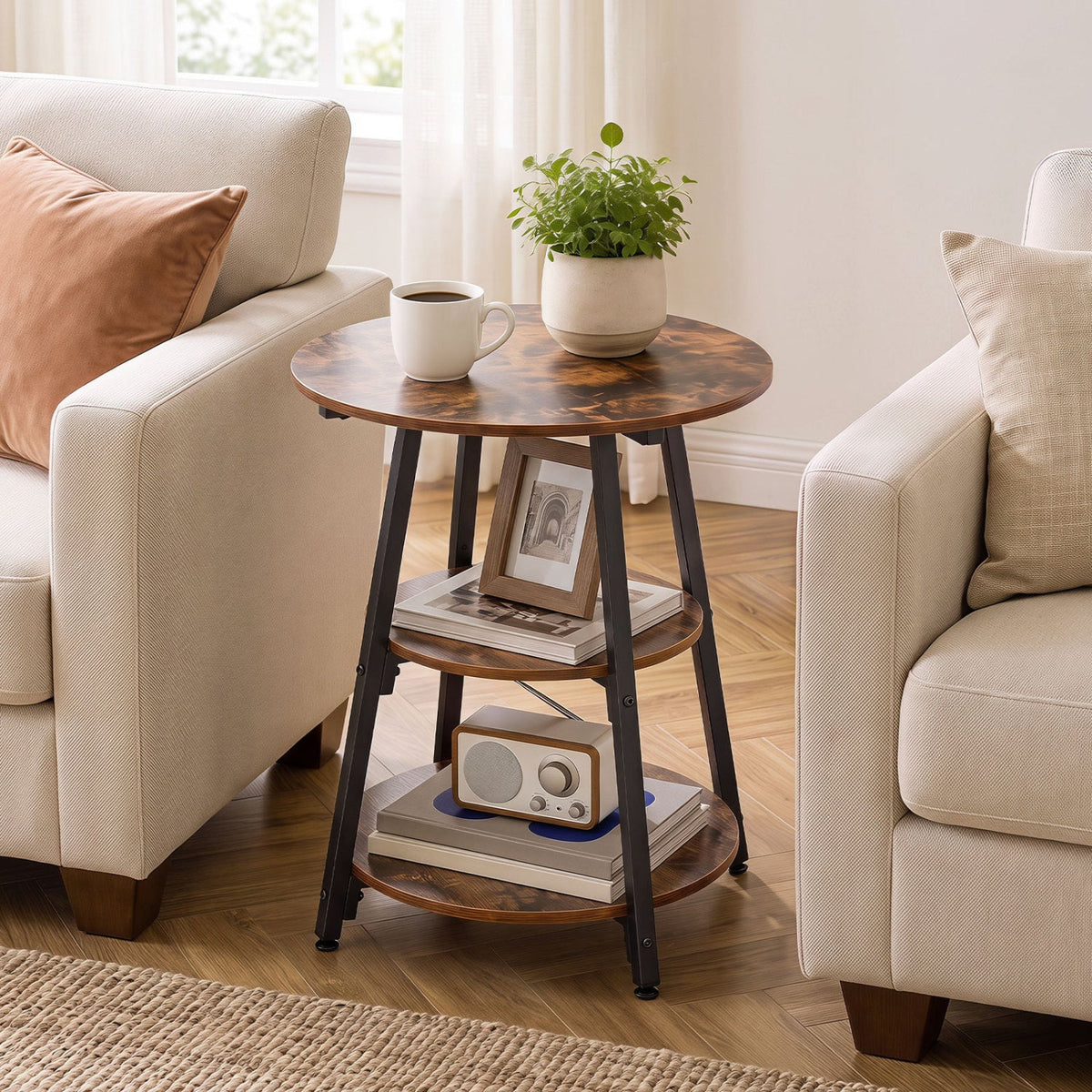 Industrial Side Table with 3-Tier Shelves and Metal Frame 6