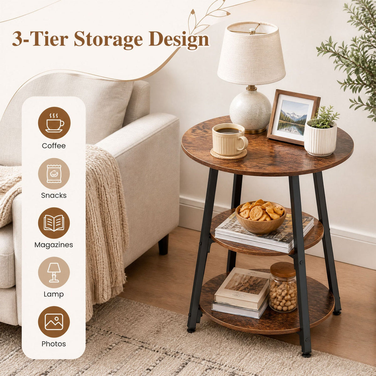 Industrial Side Table with 3-Tier Shelves and Metal Frame 7