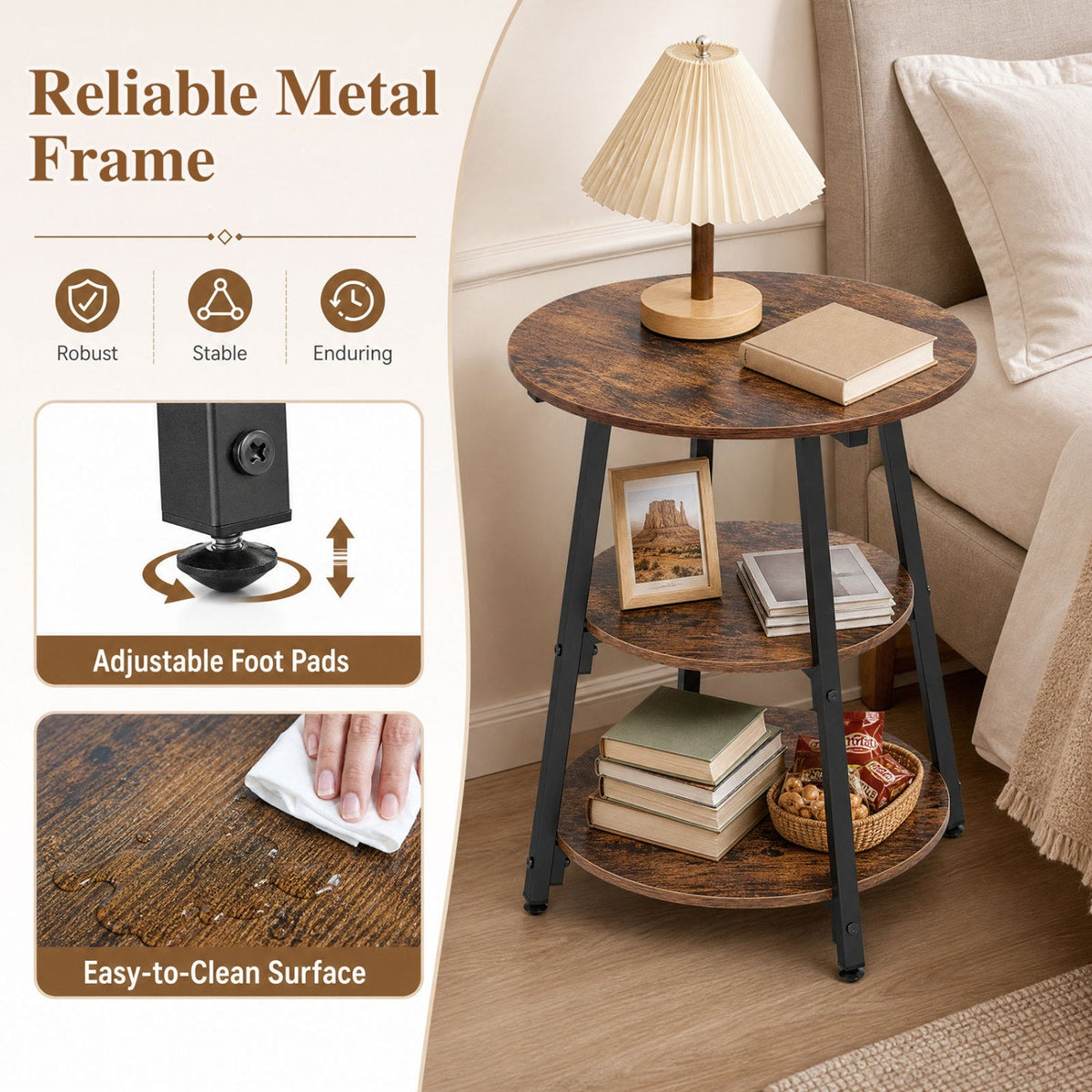 Industrial Side Table with 3-Tier Shelves and Metal Frame 8