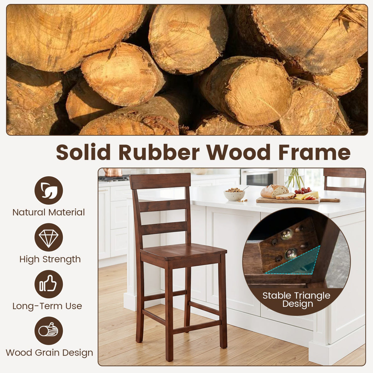 Counter Height Bar Stools Set of 2 - Rubber Wood Frame 7