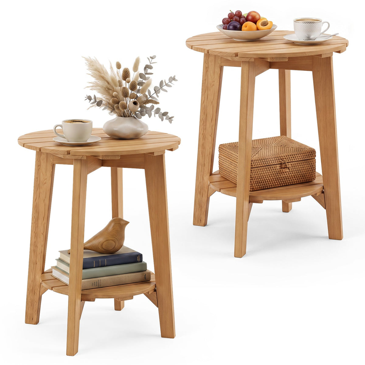 Eucalyptus Wood Side Table Set of 2 with Storage Shelf 2