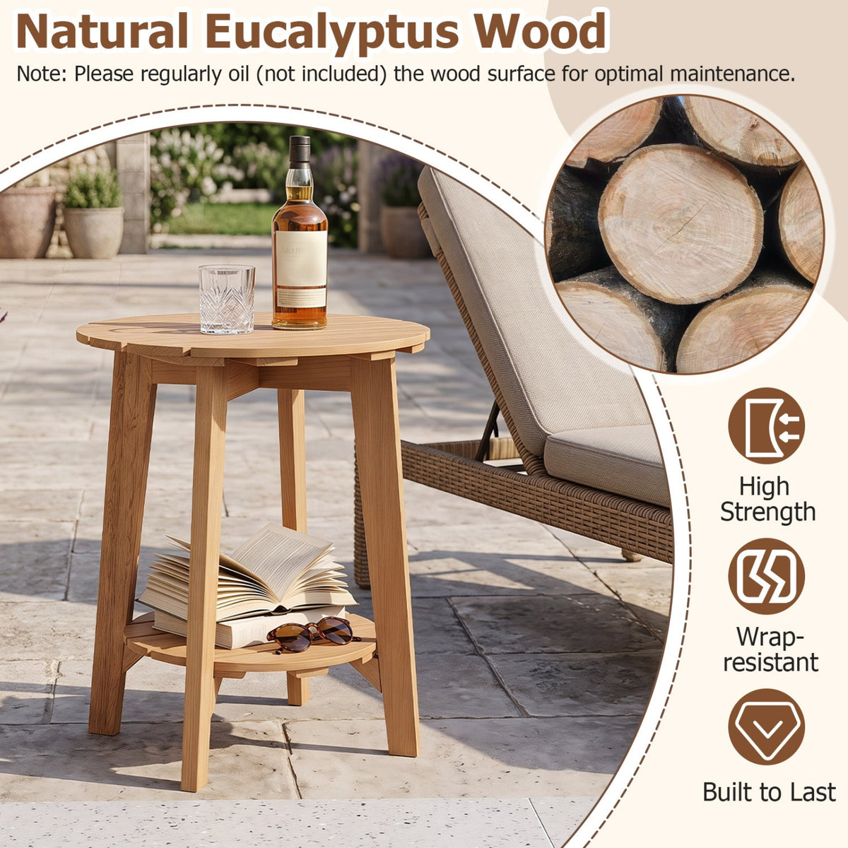 Eucalyptus Wood Side Table Set of 2 with Storage Shelf 4