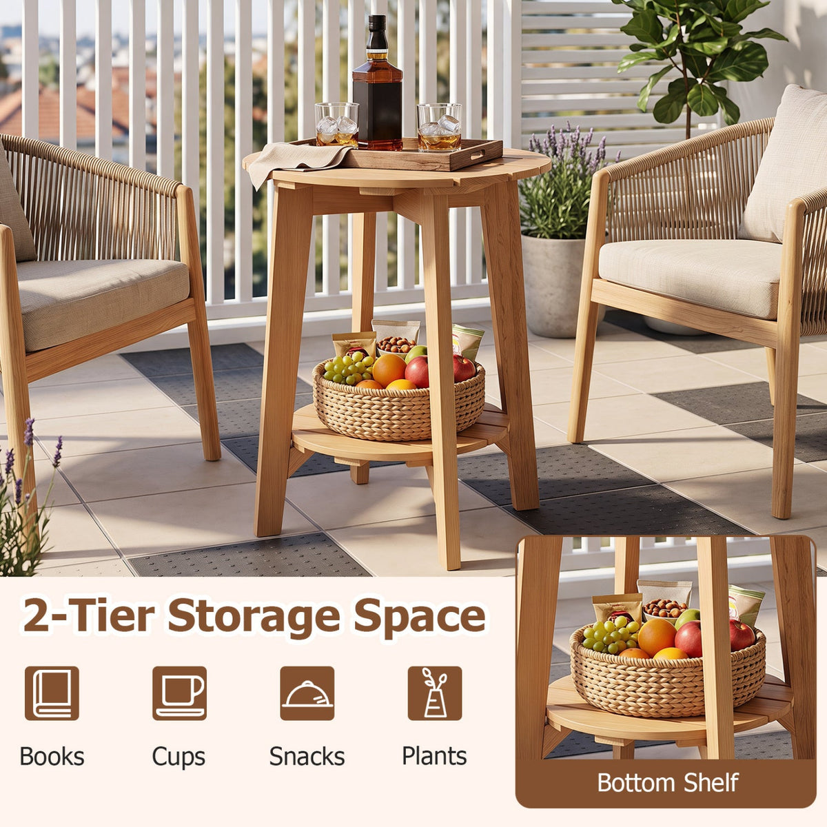 Eucalyptus Wood Side Table Set of 2 with Storage Shelf 5