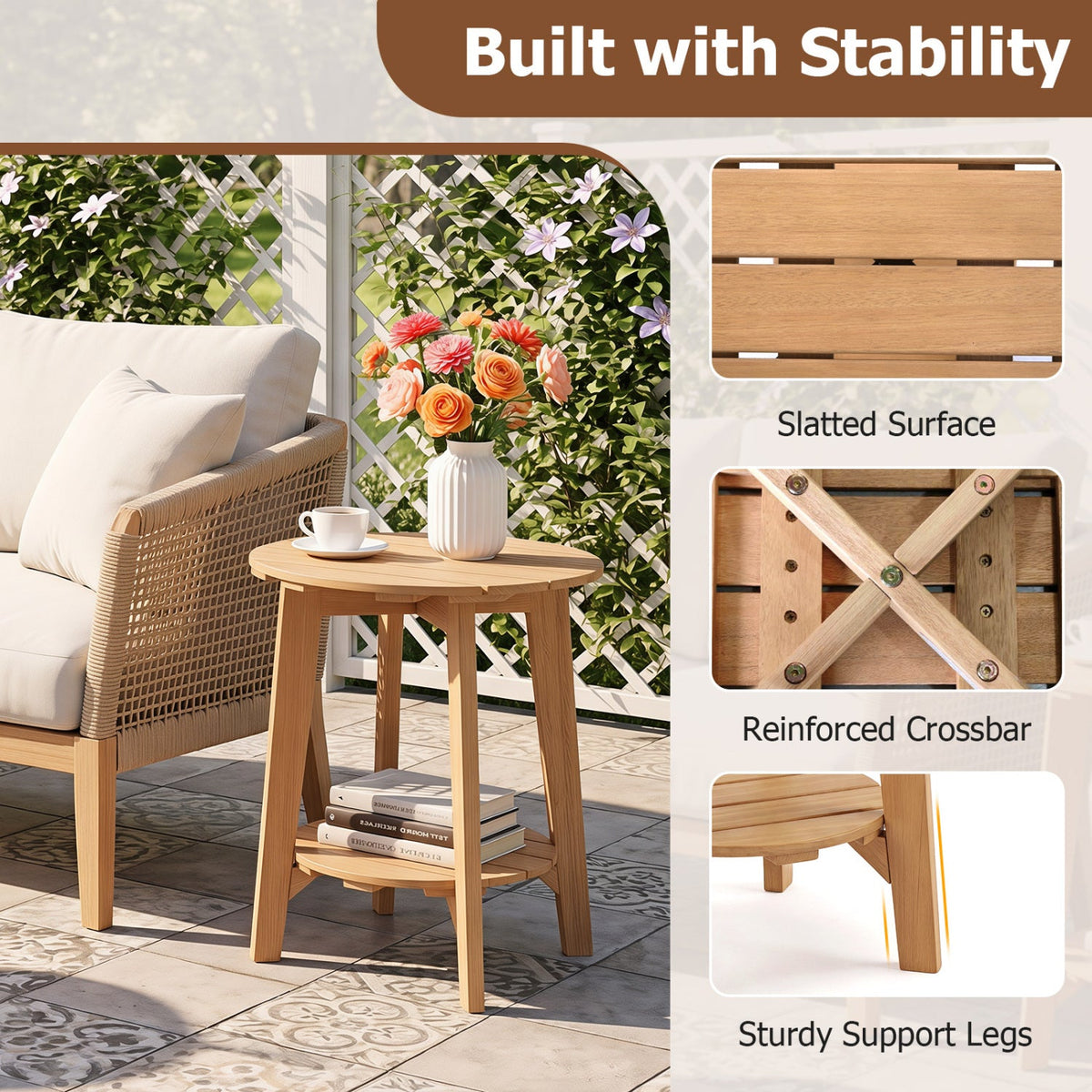 Eucalyptus Wood Side Table Set of 2 with Storage Shelf 6