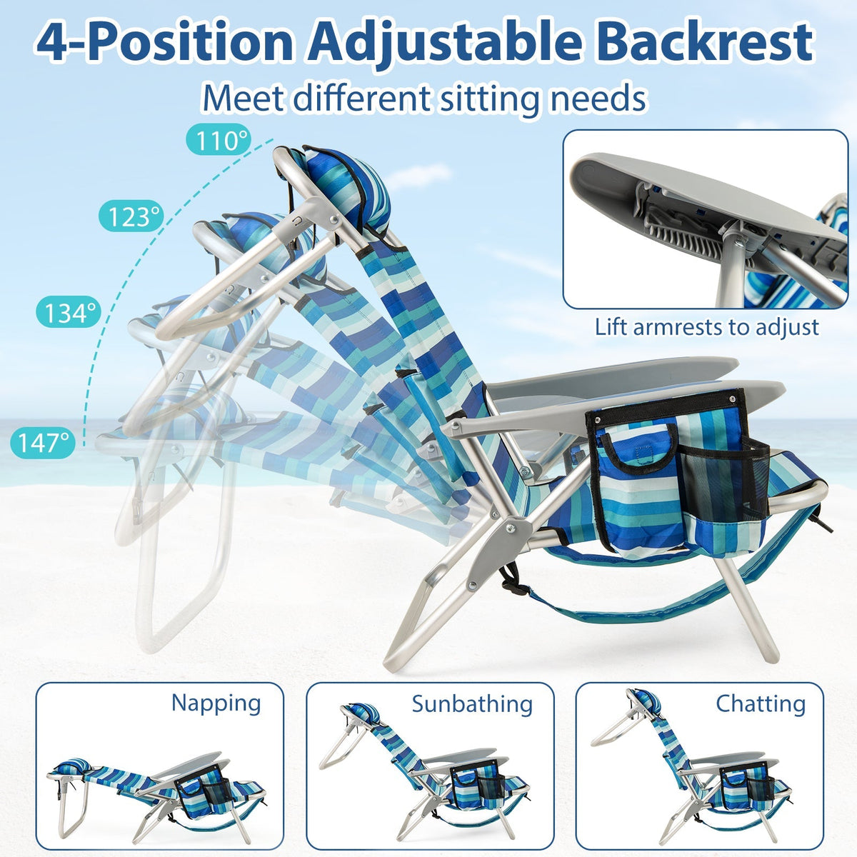 Folding Beach Chair with 4-Position Adjustable Backrest 14