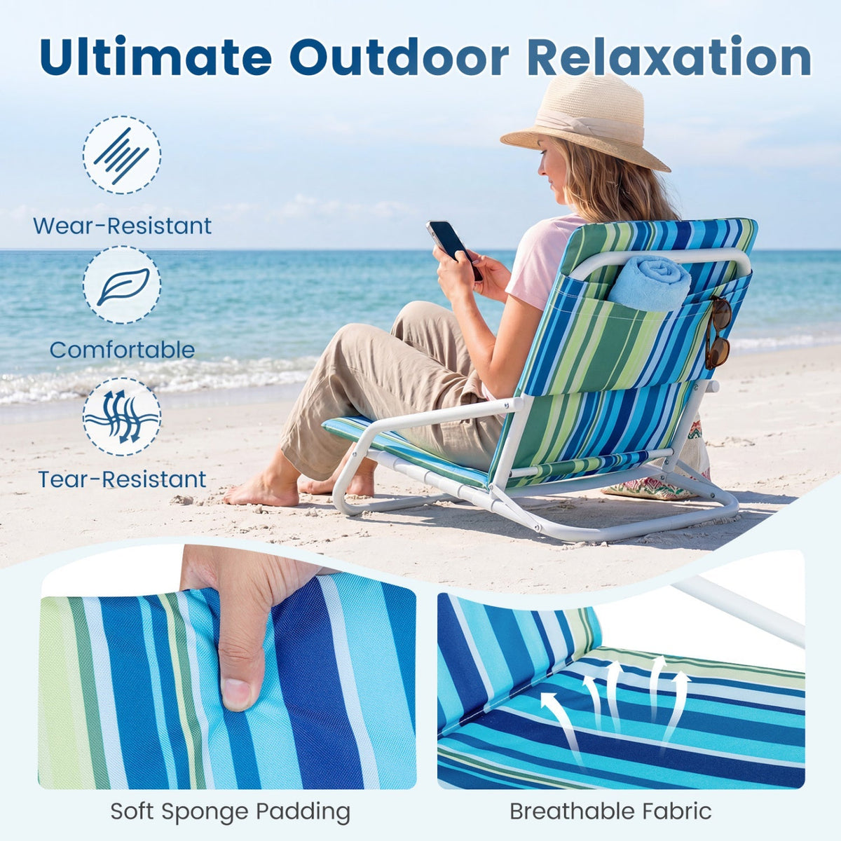 Folding Beach Chairs Set of 2 with Padded Seat 16