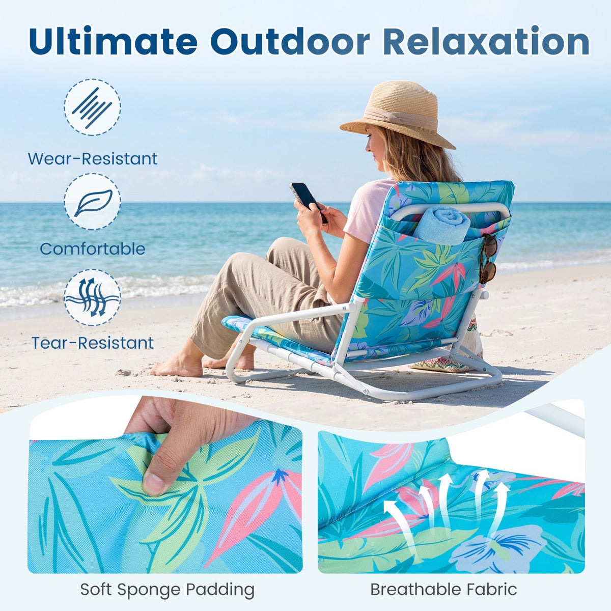 Folding Beach Chairs Set of 2 with Padded Seat 8