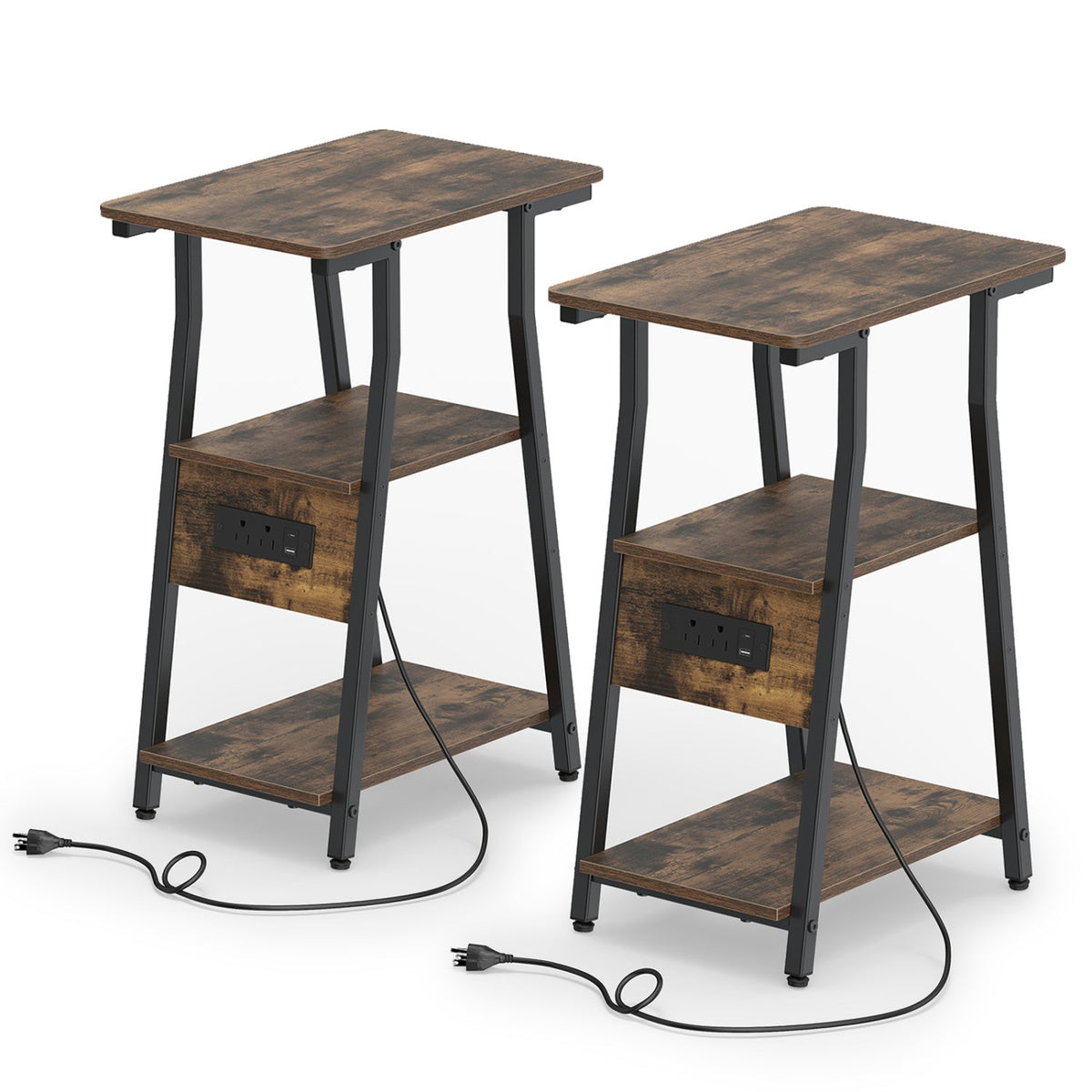 Industrial Side Table with Charging Station & 3-Tier Shelves 2
