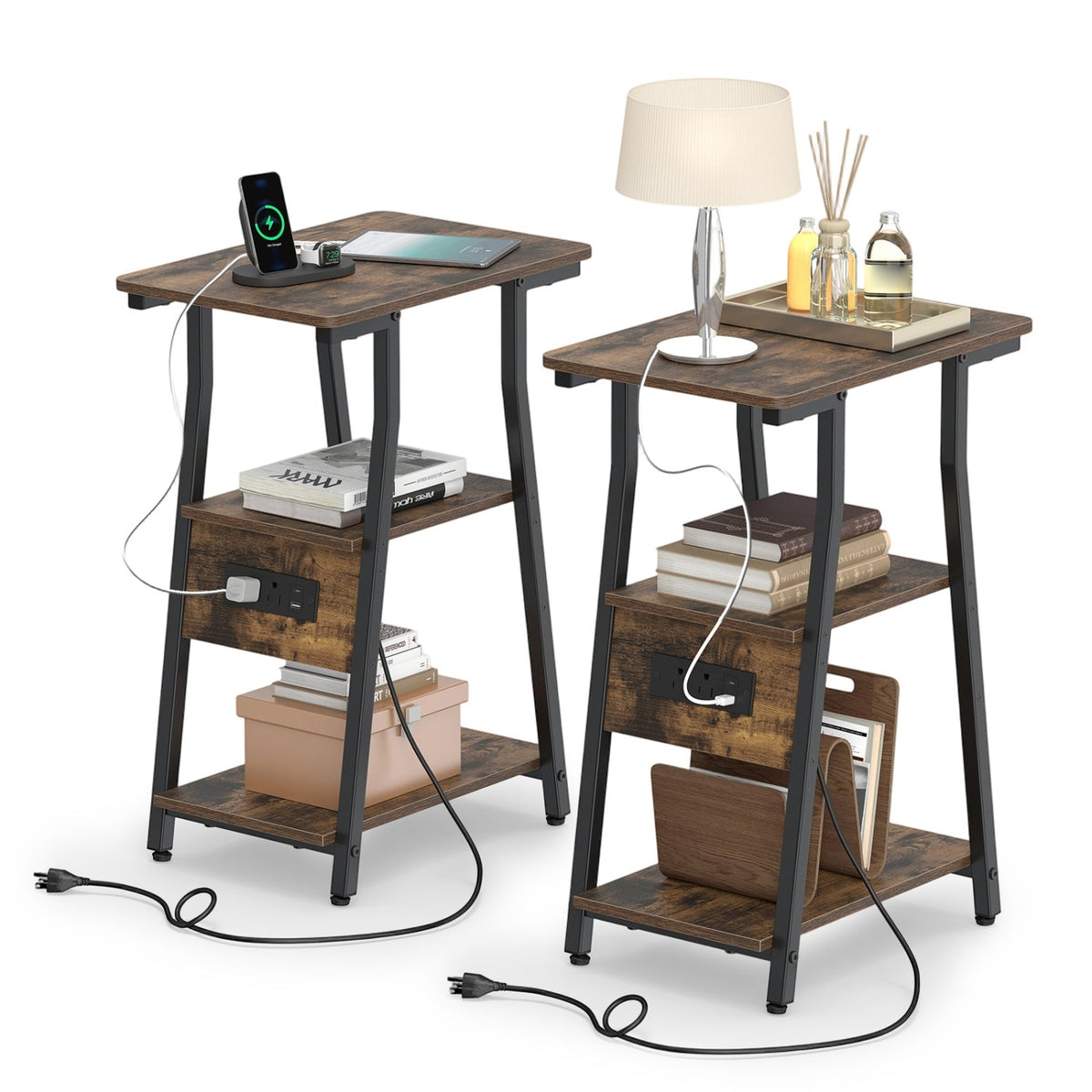 Industrial Side Table with Charging Station & 3-Tier Shelves 3