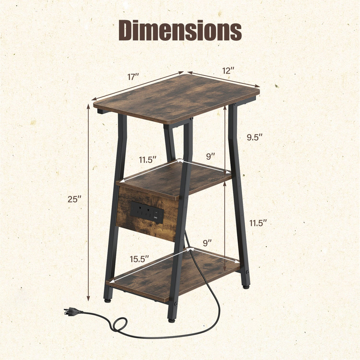 Industrial Side Table with Charging Station & 3-Tier Shelves 4