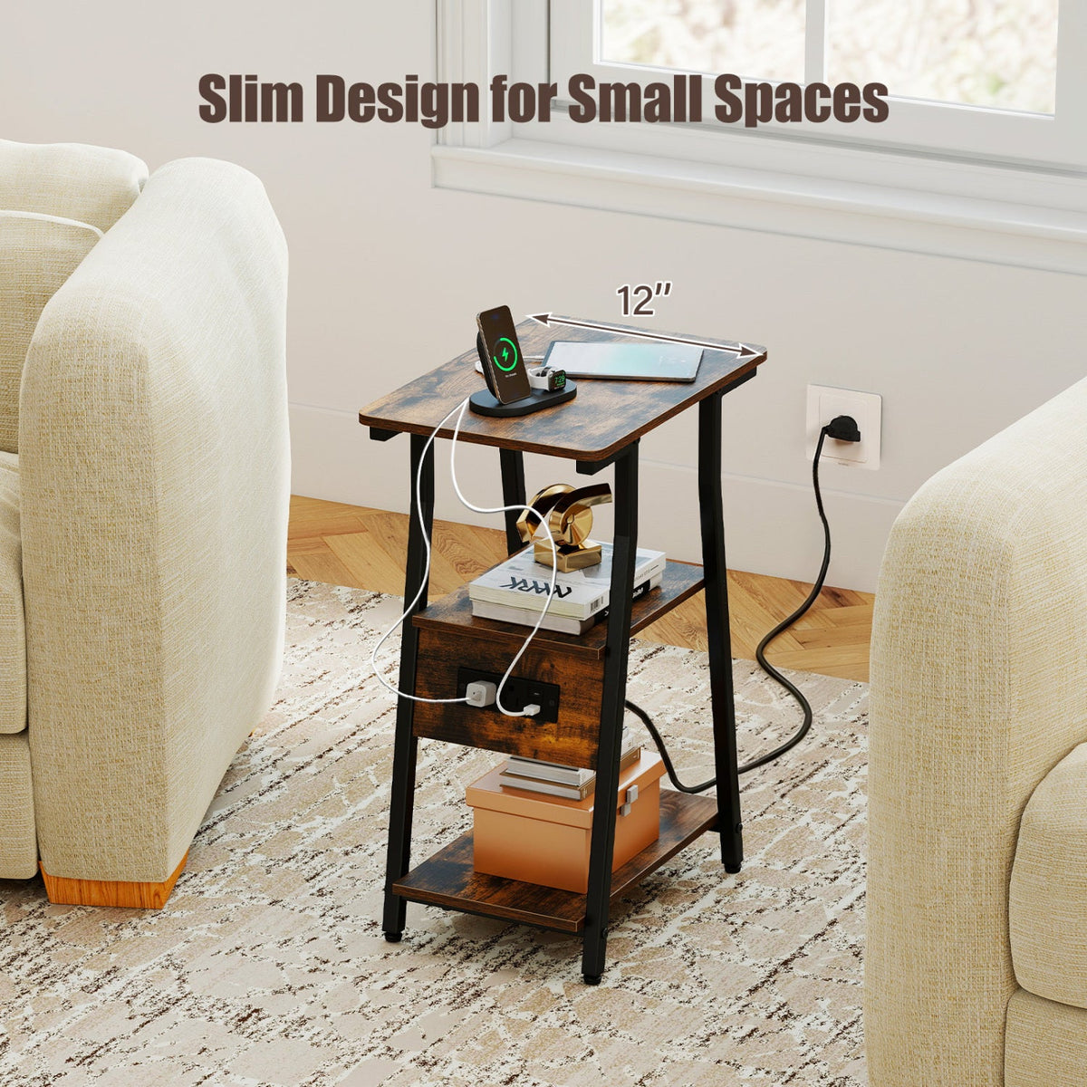 Industrial Side Table with Charging Station & 3-Tier Shelves 5