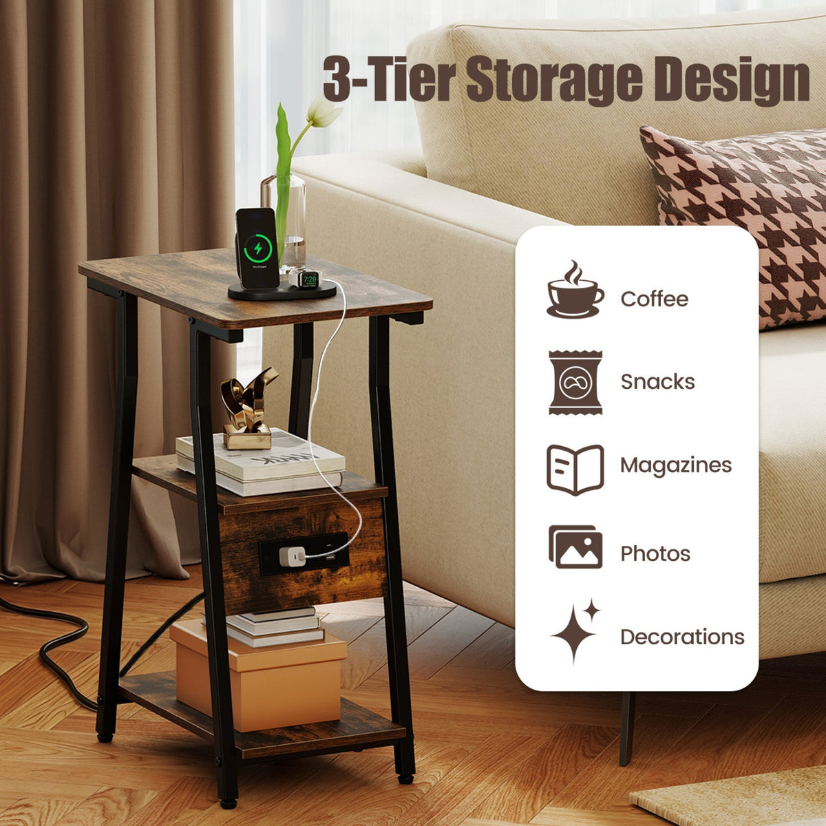 Industrial Side Table with Charging Station & 3-Tier Shelves 6