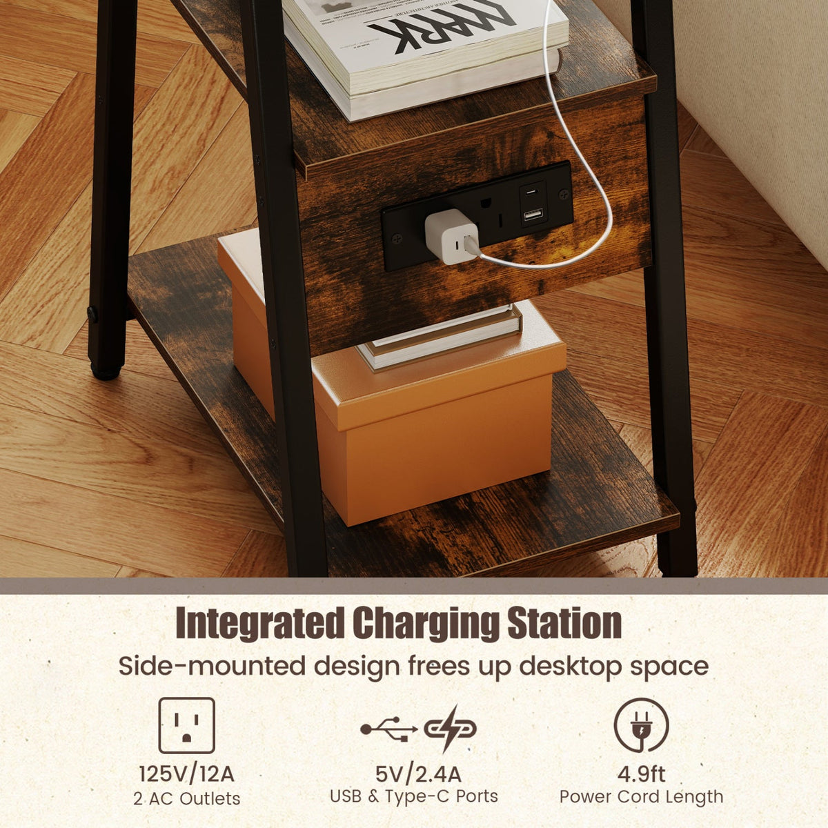 Industrial Side Table with Charging Station & 3-Tier Shelves 7