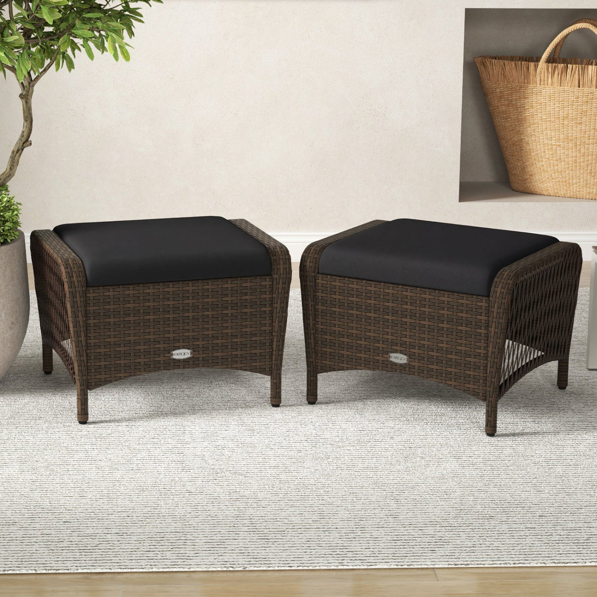 Outdoor PE Wicker Ottomans Set of 2 with Removable Cushions 1