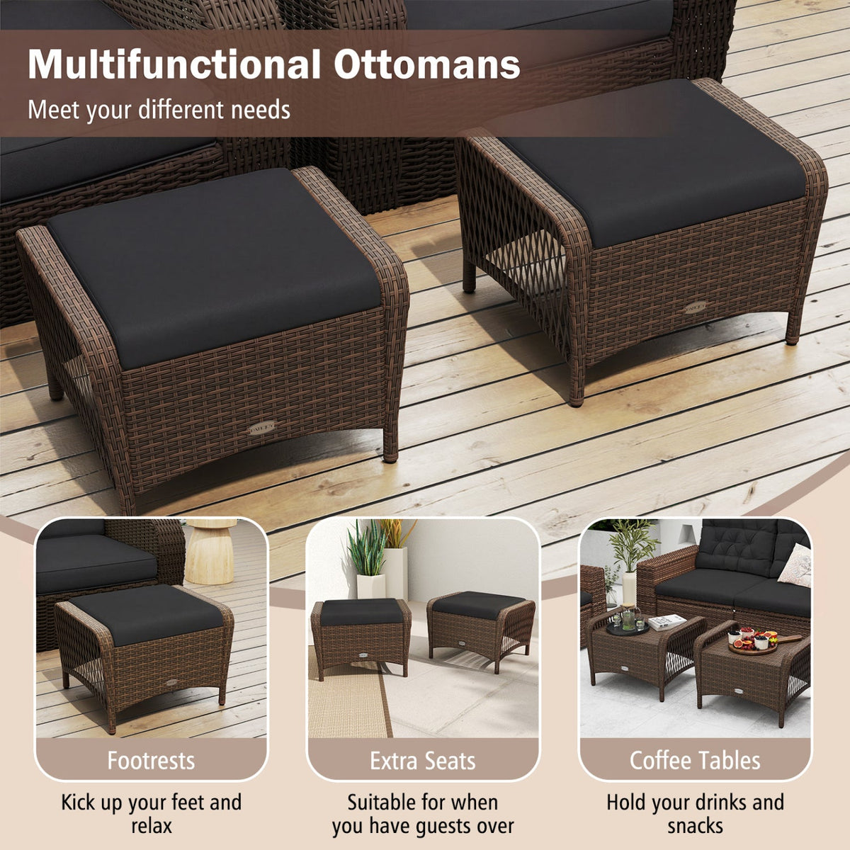 Outdoor PE Wicker Ottomans Set of 2 with Removable Cushions 5