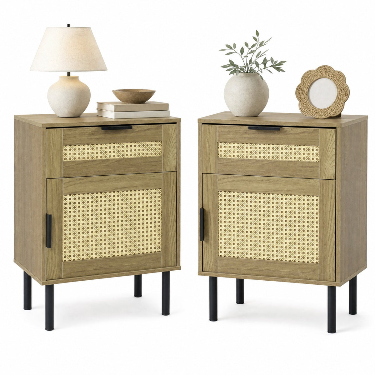 Rattan Nightstand Set of 2 with Drawer and Storage Cabinet 4