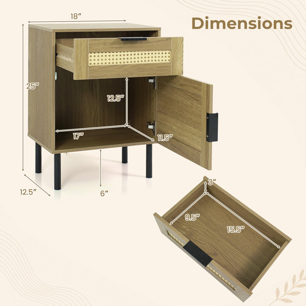 Rattan Nightstand Set of 2 with Drawer and Storage Cabinet 5