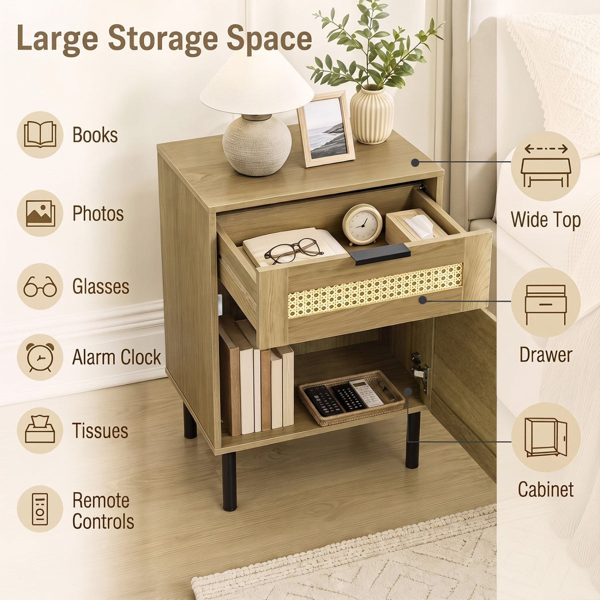 Rattan Nightstand Set of 2 with Drawer and Storage Cabinet 6