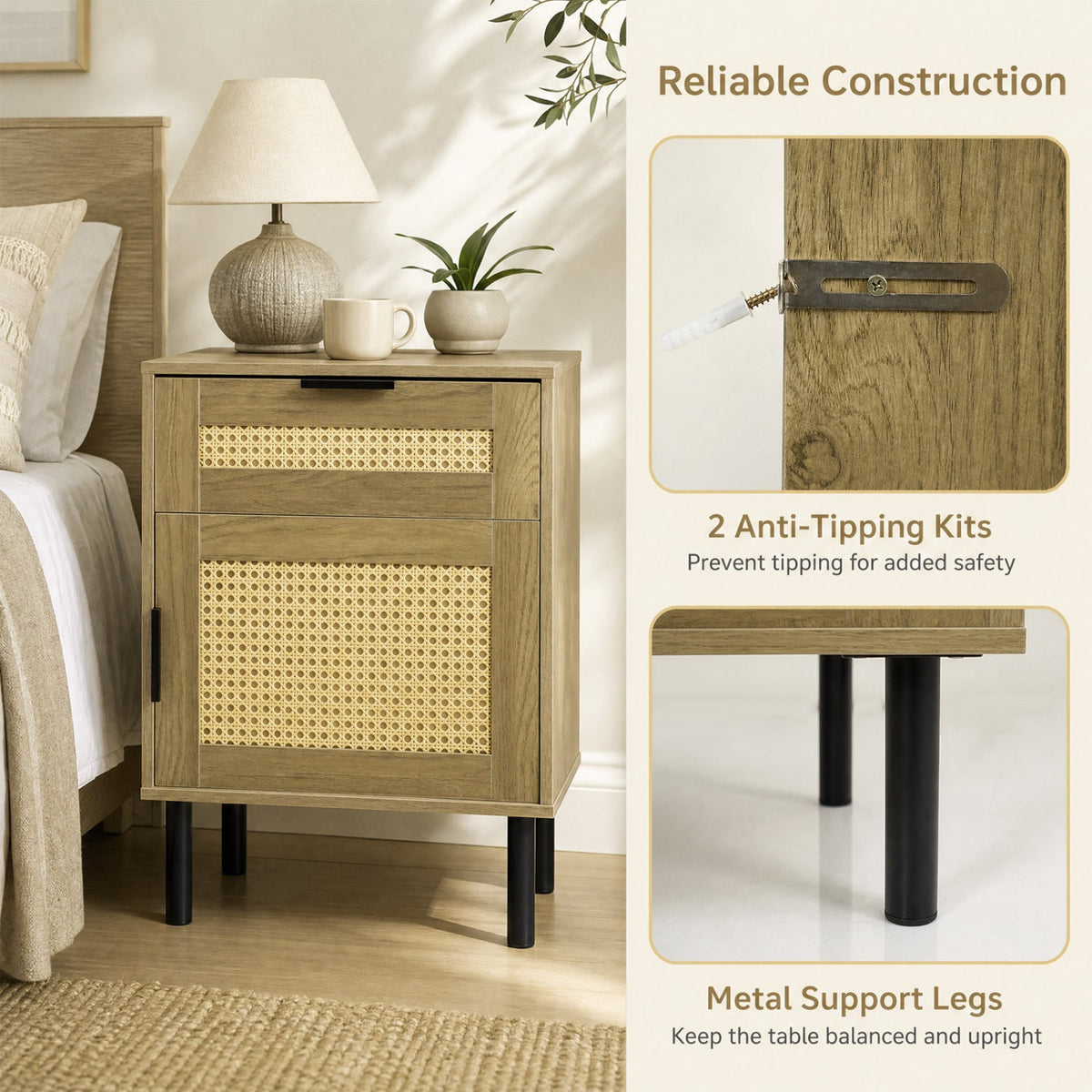 Rattan Nightstand Set of 2 with Drawer and Storage Cabinet 7