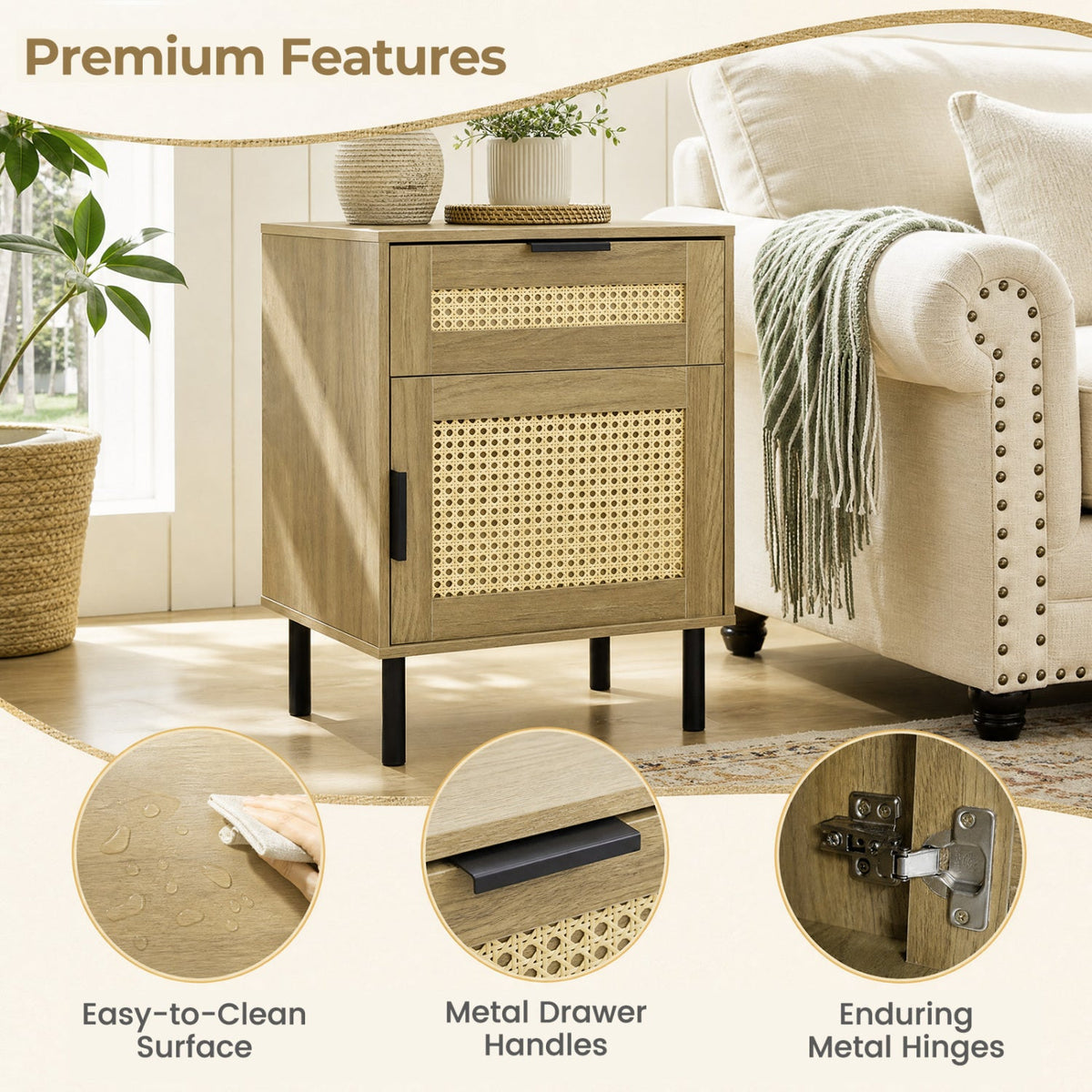 Rattan Nightstand Set of 2 with Drawer and Storage Cabinet 8