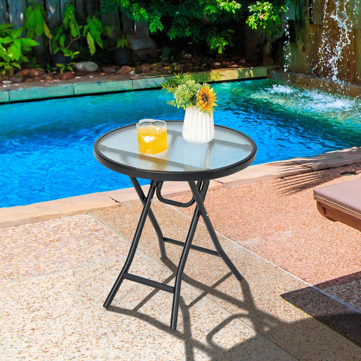 Round Folding Patio Side Tables with Tempered Glass Top 1