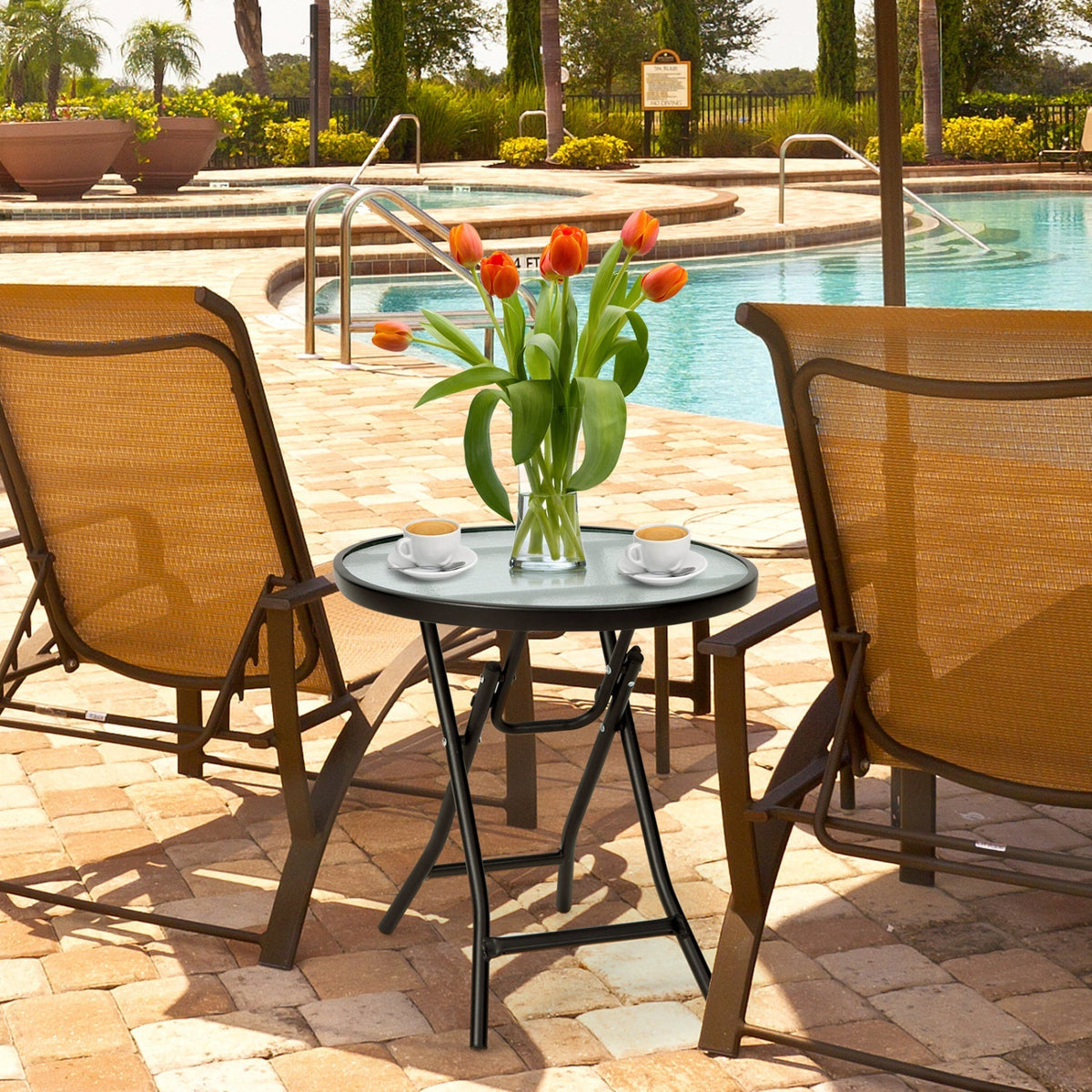 Round Folding Patio Side Tables with Tempered Glass Top 2