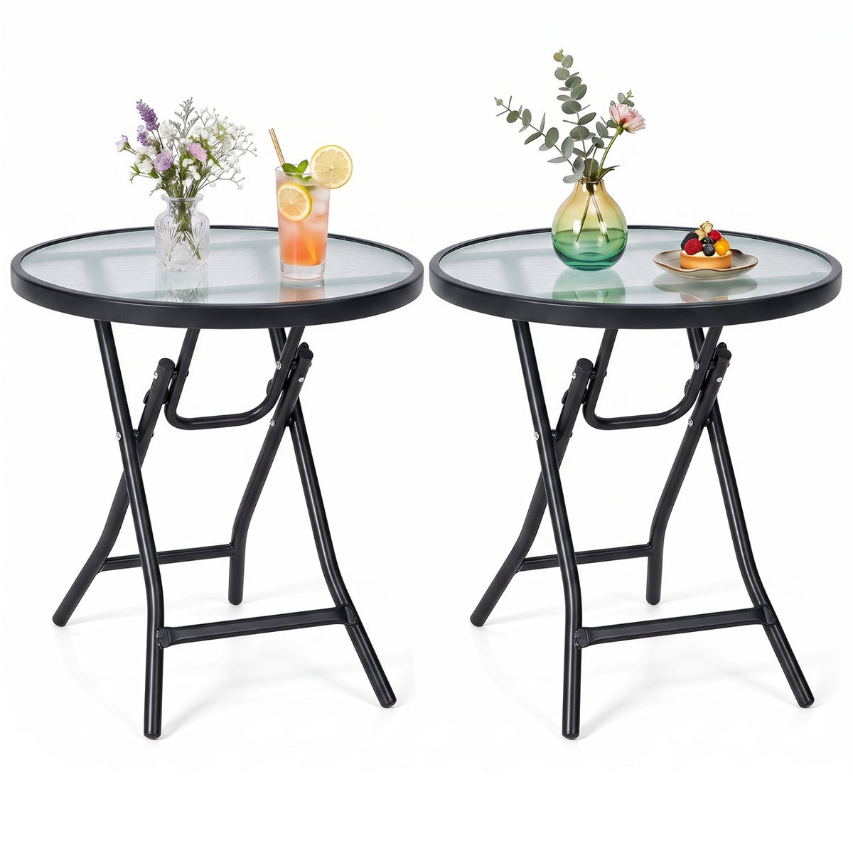Round Folding Patio Side Tables with Tempered Glass Top 3