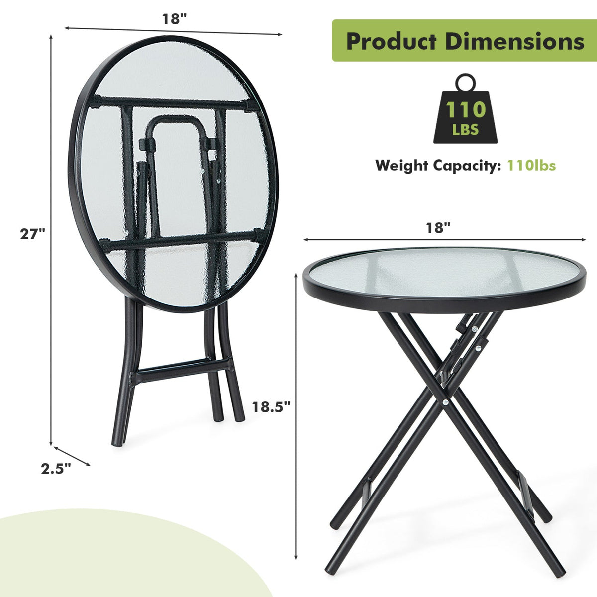 Round Folding Patio Side Tables with Tempered Glass Top 4
