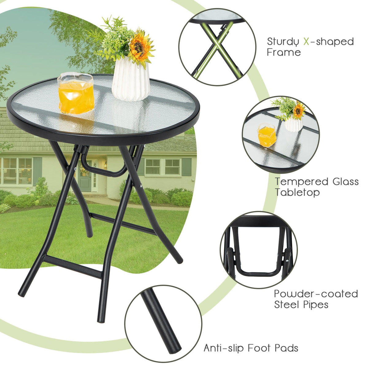 Round Folding Patio Side Tables with Tempered Glass Top 6